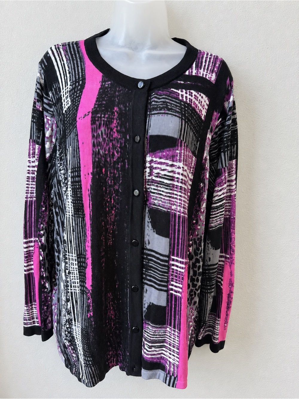 Bob Mackie Wearable Art XL Pink Black Abstract Print Cardigan